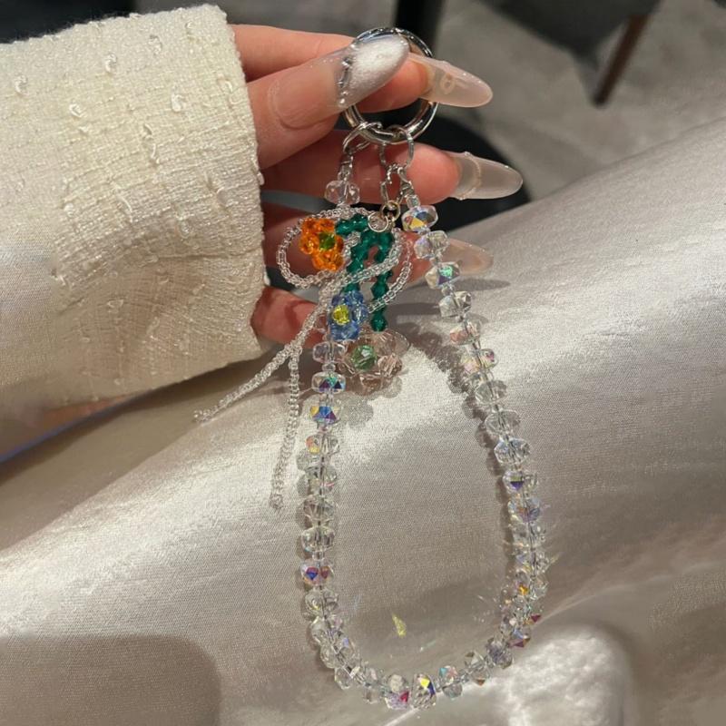 Luxury Sparkle Rhinestone Cute Flower Pendant Bead Hand Chain Wrist Short Hanging Rope With Clip Phone Case Earphone Keychain