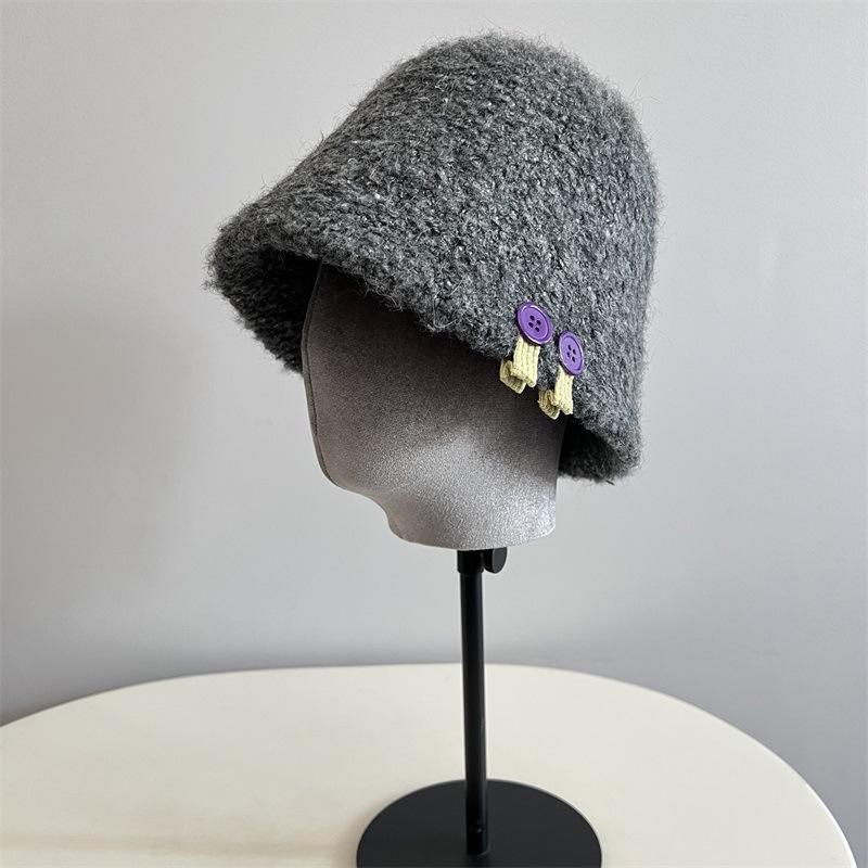 Wool Loop Yarn Thickened Bucket Hat Cute Button Shelf College Wind Small Fresh Warm Fisherman Hat