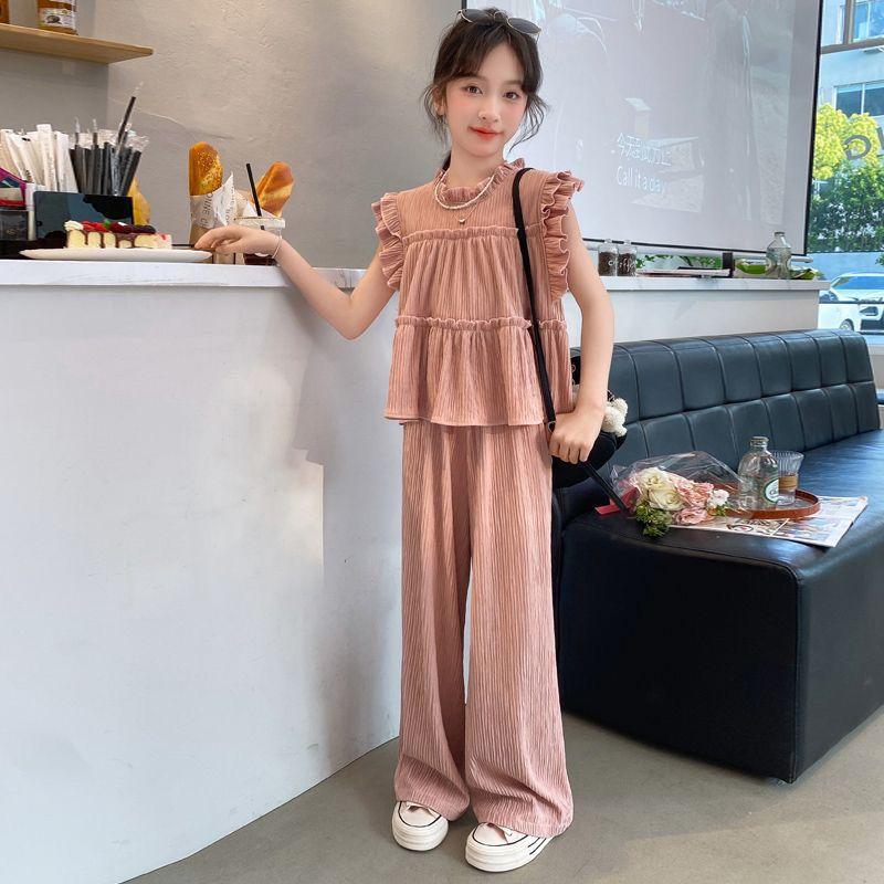 Girls Clothes Summer Kids Fashion Flouncing Tops & Pants Two Piece Set Children Sleeveless Suit Teenager Girl Outfits