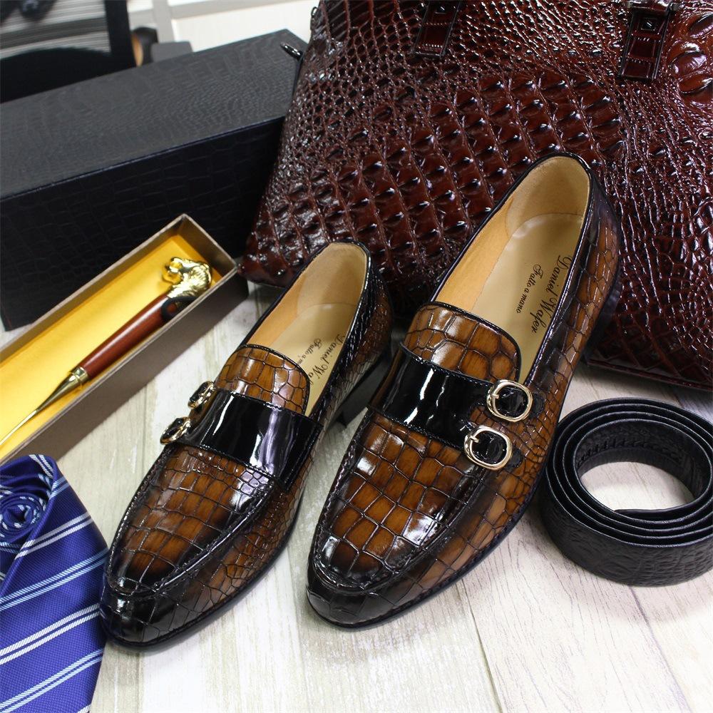 Flower Skin Glossy Leather Shoes Men'S Double Buckle Loafers Business Cowhide Handmade High-End Men'S Shoes