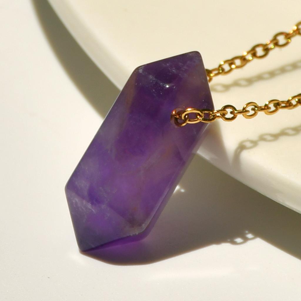 Natural Crystal Pendant Necklace Hexagonal Double Point Tiger Eye Lapis Lazuli Amethyst Rose Quartz Chakra Jewelry