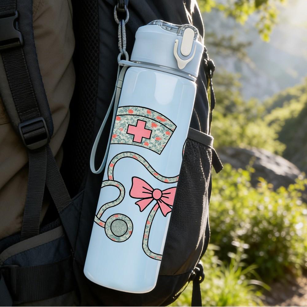 1PC Nurse Stethoscope Bow Heart 750ml Color Plastic Sports Water Bottle Leakproof Flip Straw Lid Suitable for Sports Office Home Use