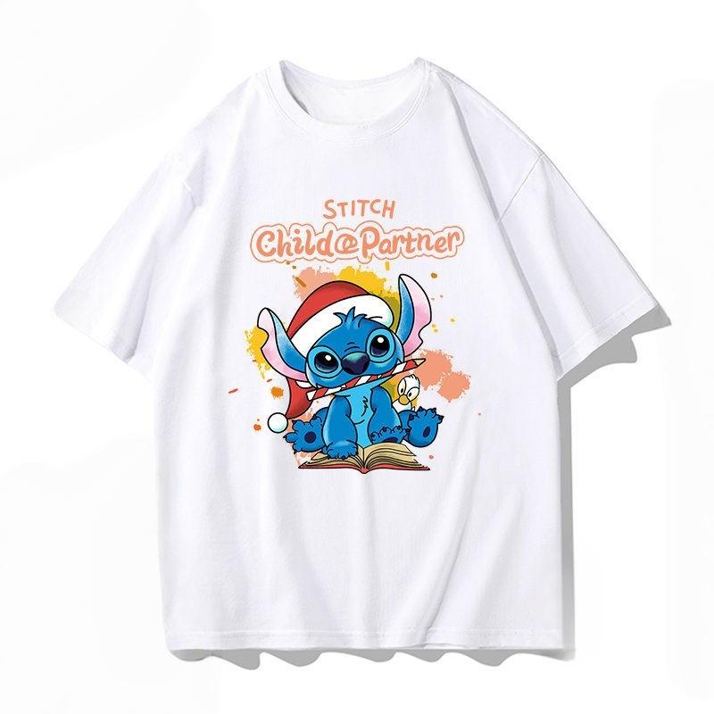 Summer Casual Stitch Fun Print Cotton Comfortable White T-shirt Adults Children Parent Child Couple Fashion Loose Sportswear