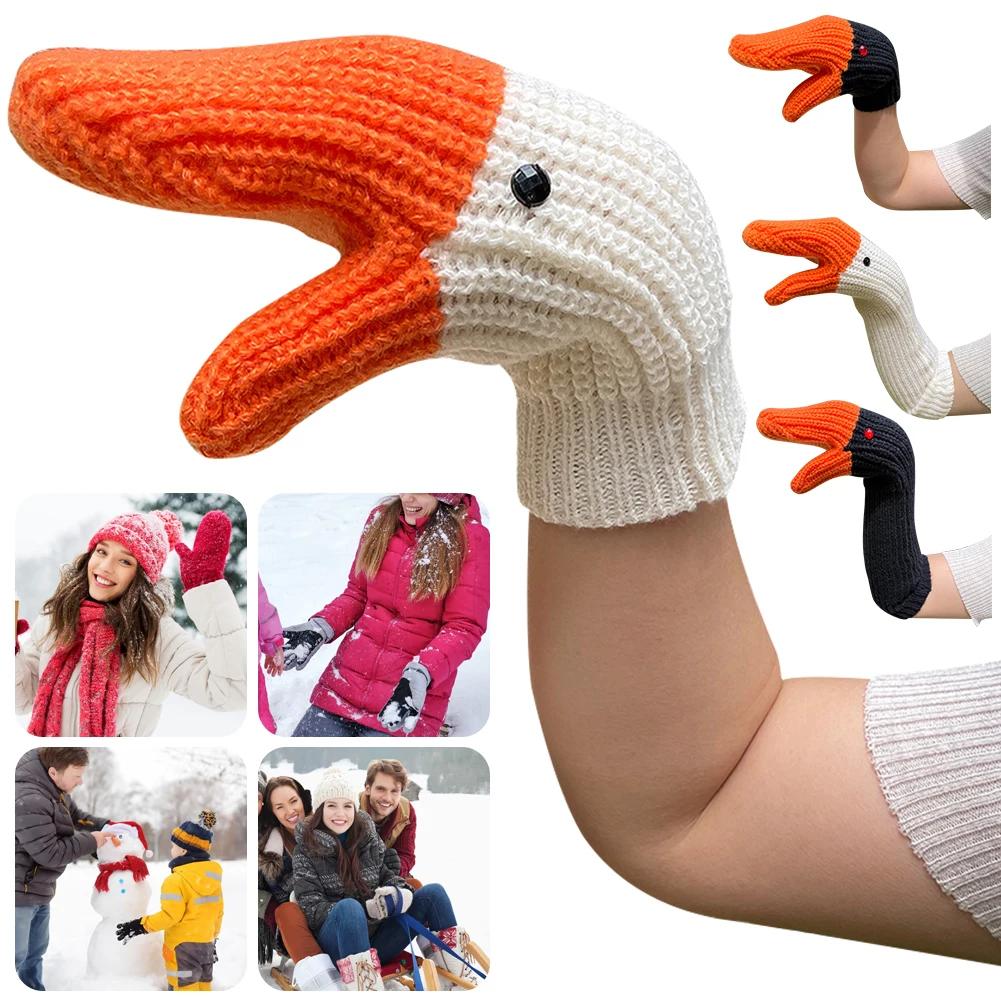 Winter Cold-Proof Unisex Cartoon Duck Mittens Three Swan Full Finger Gloves Knitted Wool Warm Accessories For Children Adult