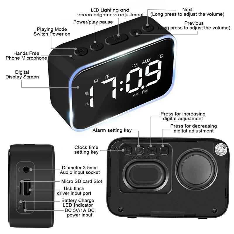 Dual Alarms 3 Levels of Brightness Adjustment Clock Wireless Digital Alarm Clock Radio Multifunctional Bluetooth Speakers