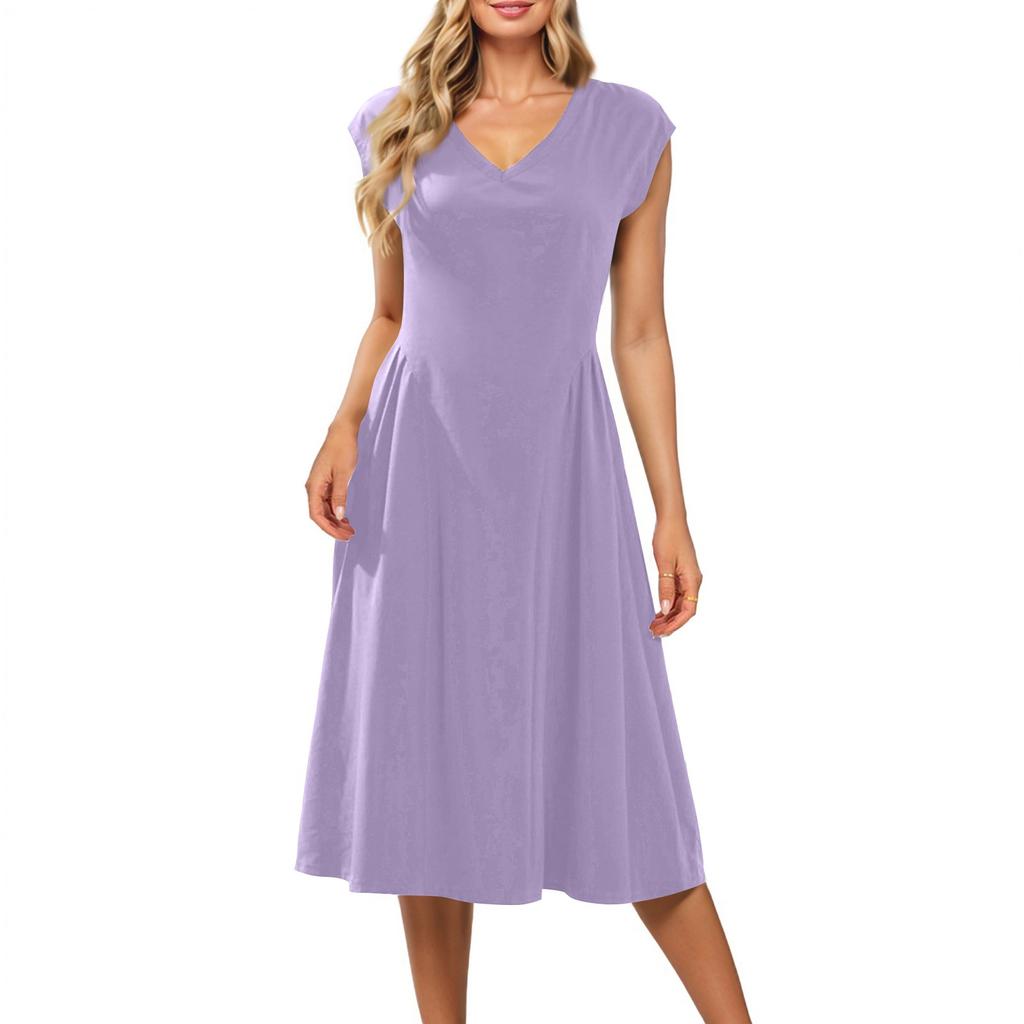 Damklänning med kort ärm, enfärgad, V-ringad, ärmlös, patchwork, plisserad, smal passform