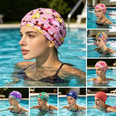 Cloth Swimming Pool Cap for Women, Breathable Colorful Ruffle Swim Cap, Elastic Ear Protection Short Long Hair Bathing Hat