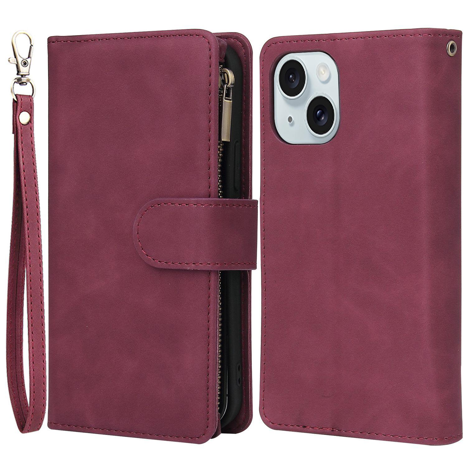 

For iPhone 15 Multiple Card Slots Zipper Pocket Phone Wallet Stand Case Folio Flip PU Leather Cover Wine Red