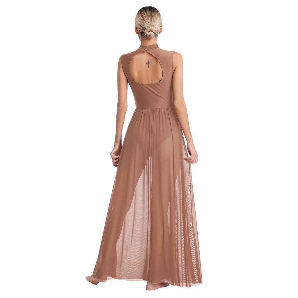 Womens Shiny Rhinestone Lyrical Dance Dress Mock Neck Sleeveless Open Back Twist Front Sheer Mesh Overlay Leotard