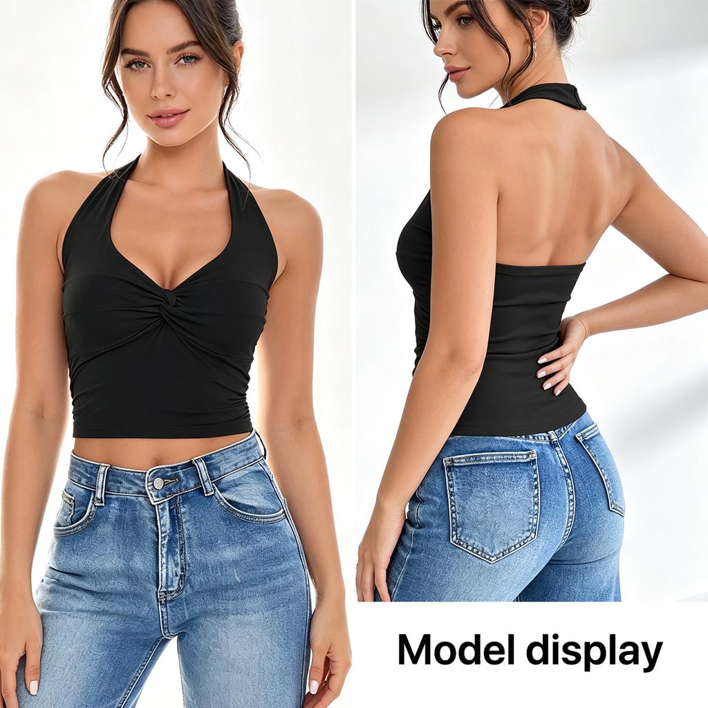 Damen Neckholder Ärmelloses Tanktop Verdrehte Vorderseite Tiefes V-Ausschnitt Schmale Passform Einfarbig Kurz Lässig Sommer Crop Bluse