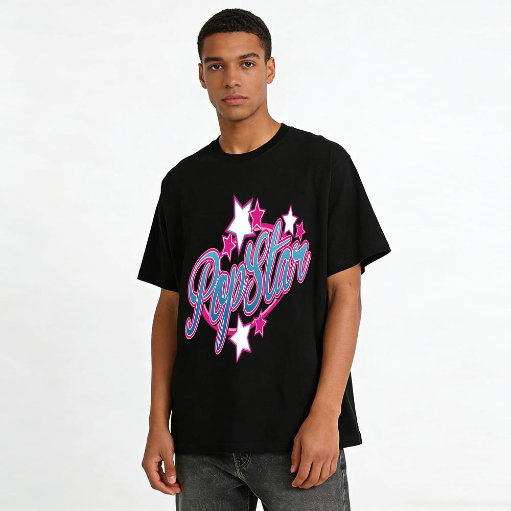 Pop Star Graphic Print Casual T-Shirt Trendy Star Pattern Short Sleeve Tee for Women and Teens Pure Cotton T-shirt