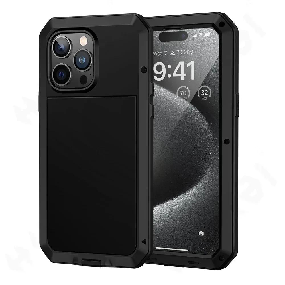

Для iPhone XS XR 8 7 11 12 13 14 15 16 16e Plus Air 17 Pro Max Алюмінієвий Металевий Бронекорпус Ударостійкий Бампер Плівка на Екран Case & Screen Protector&iPhone 15 Pro Max чорний