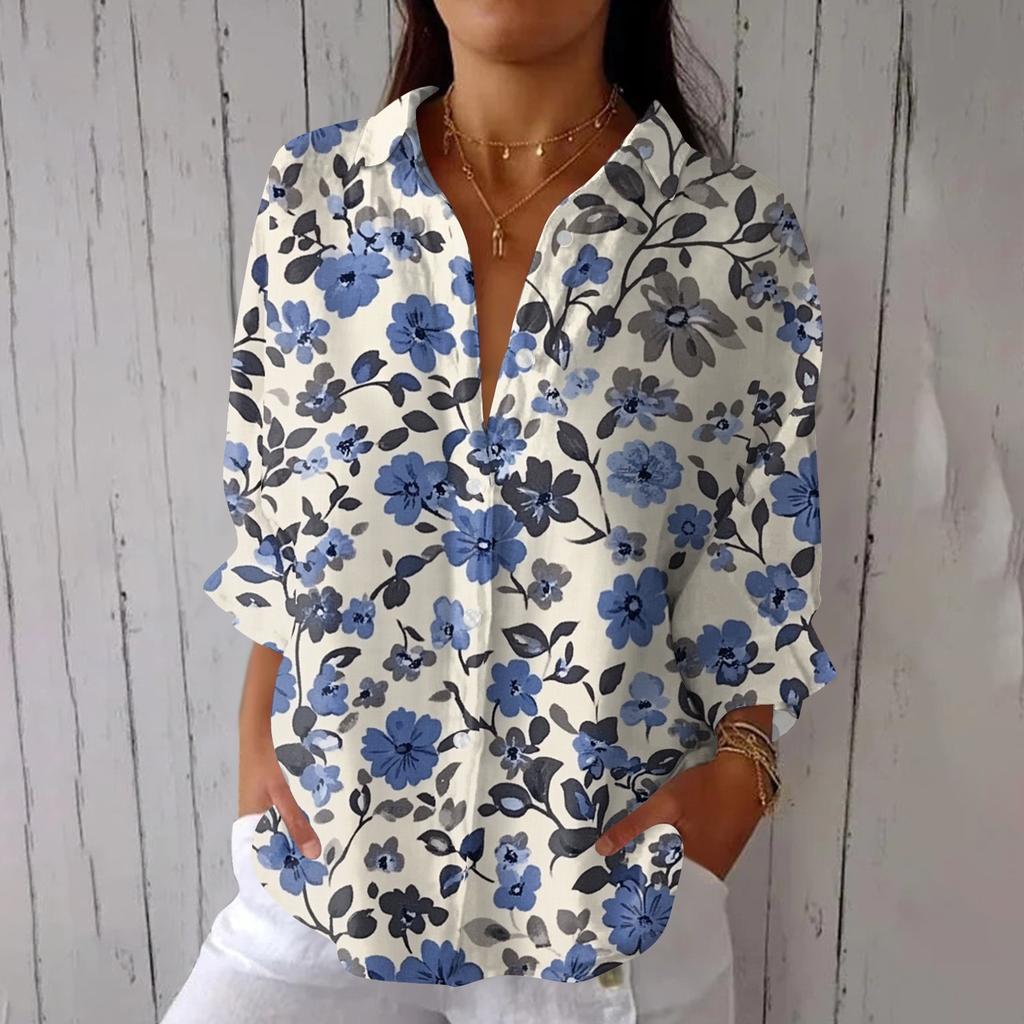 Women's Fashion Seven Sleeve Casual Lapel Back Tie Shirt Printed T-Shirt Top