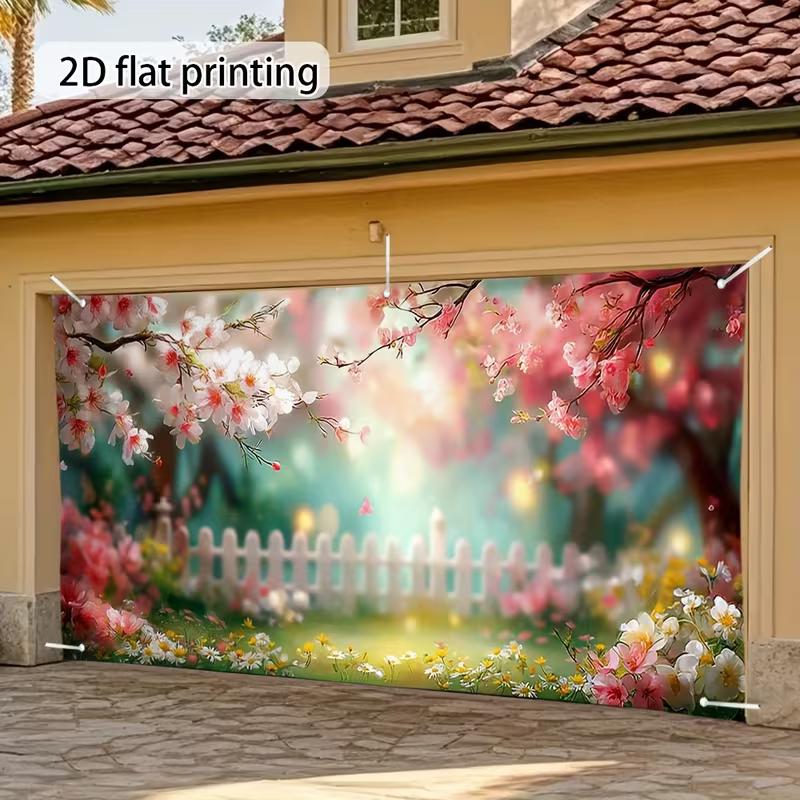 2D Pastel Cherry Blossom Garden Garage Door Banner for Yard and Festival Use
