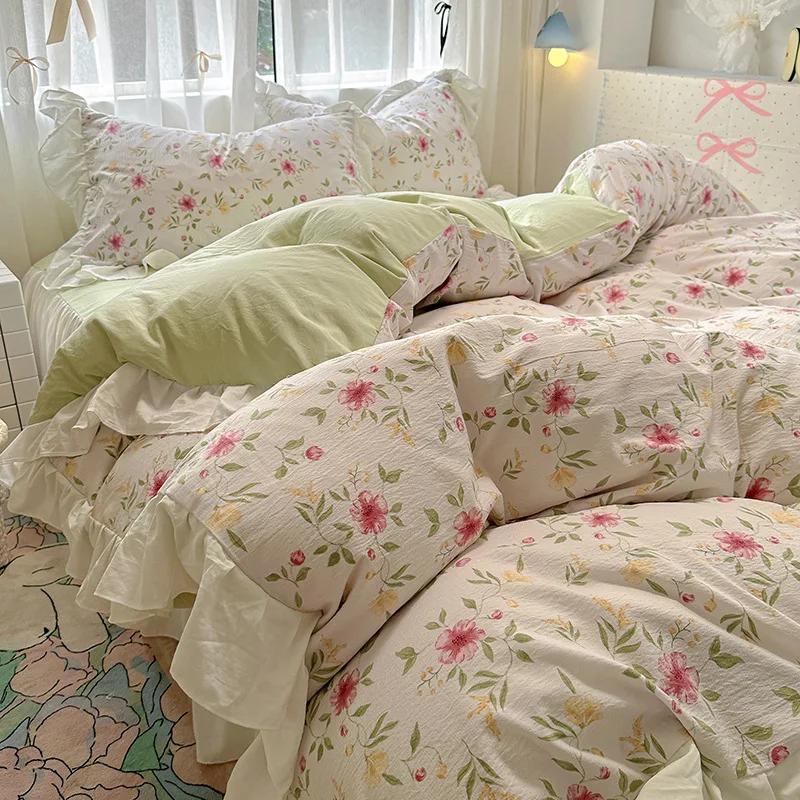 1.5/1.8 Korean Style 100% Cotton Fitted Sheet Sets with Lace Flower Print Bedding Set for Seasons Home Bedclothes for Adult Kids