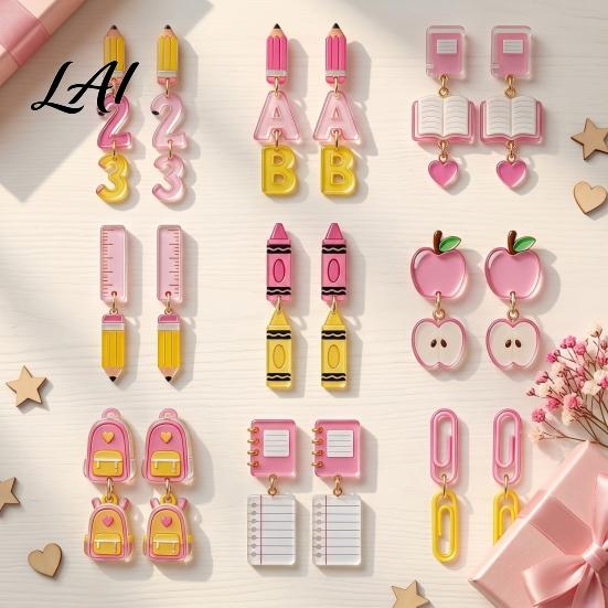 Fun Back to School Jewelry 1 Pair Teacher Earrings for Women Cute 2D Acrylic Crayon Pencil Backpack Appreciation Day Number Alphabet Earrings First