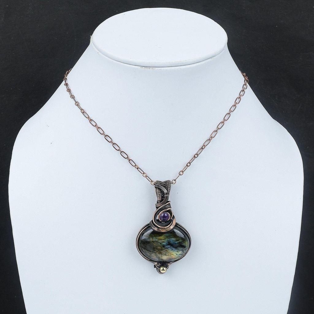 Labradorit Anhänger Kupferdraht umwickelt Edelsteinanhänger Handgefertigter Schmuck Afrikanischer Amethyst Anhänger Geschenk für Mutter Kupferdraht Umwickelter Schmuck
