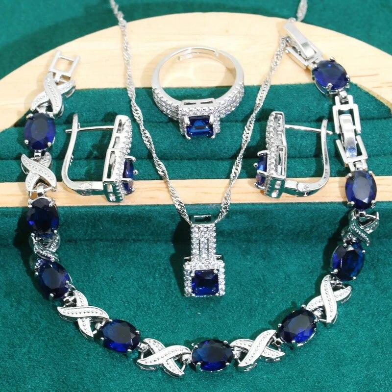 

Ювелирные наборы из стерлингового серебра 925 пробы, синий циркон, свадебные украшения для женщин, серьги, кольца, браслеты, комплект, ожерелье с подвеской