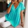 Women Tops V-Neck Short Sleeve Ruffle Splicing Hem Pullover Tops Pure Color Loose Fit A-Line Tee Tops Daily Wear