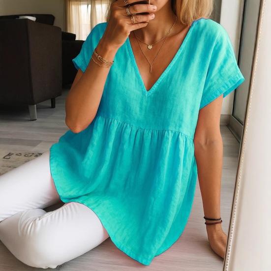 Women Tops V-Neck Short Sleeve Ruffle Splicing Hem Pullover Tops Pure Color Loose Fit A-Line Tee Tops Daily Wear