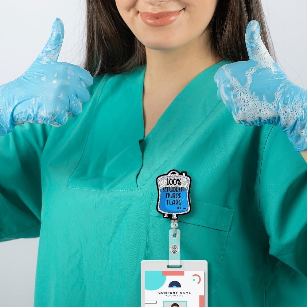 "100% Student Nurse Tears" Badge Reel. Funny saline pack design, a silver glitter gift for medical students.