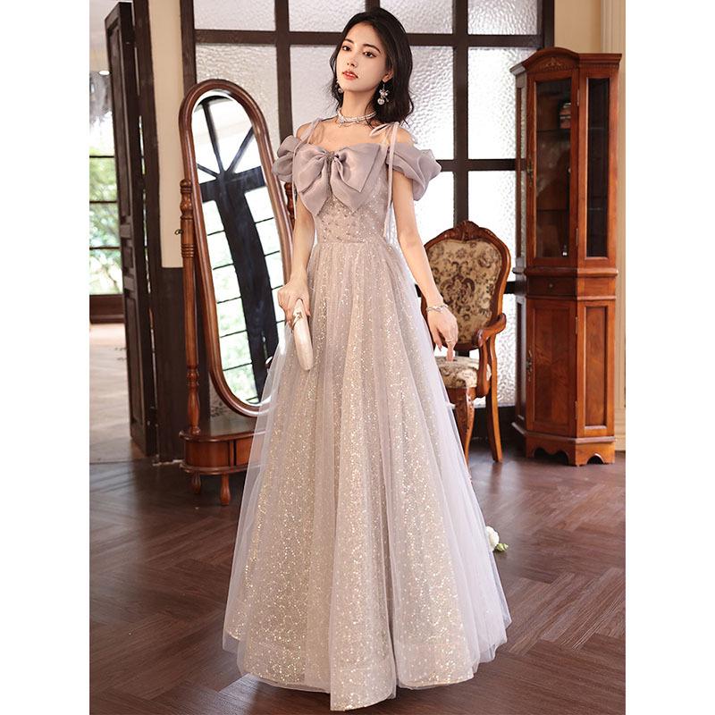 Graues Neckholder-Abendkleid - Damen 2026 Neuer Stil: Luxuriöses Bankettkleid für Zeremonien, Gesangsprüfungen