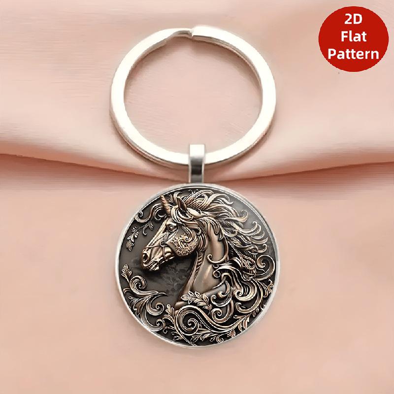 Vintage Horse Head Pattern Dome Glass Alloy Keychain Backpack Pendant Hanging Decoration Car Keyring New Year Gift