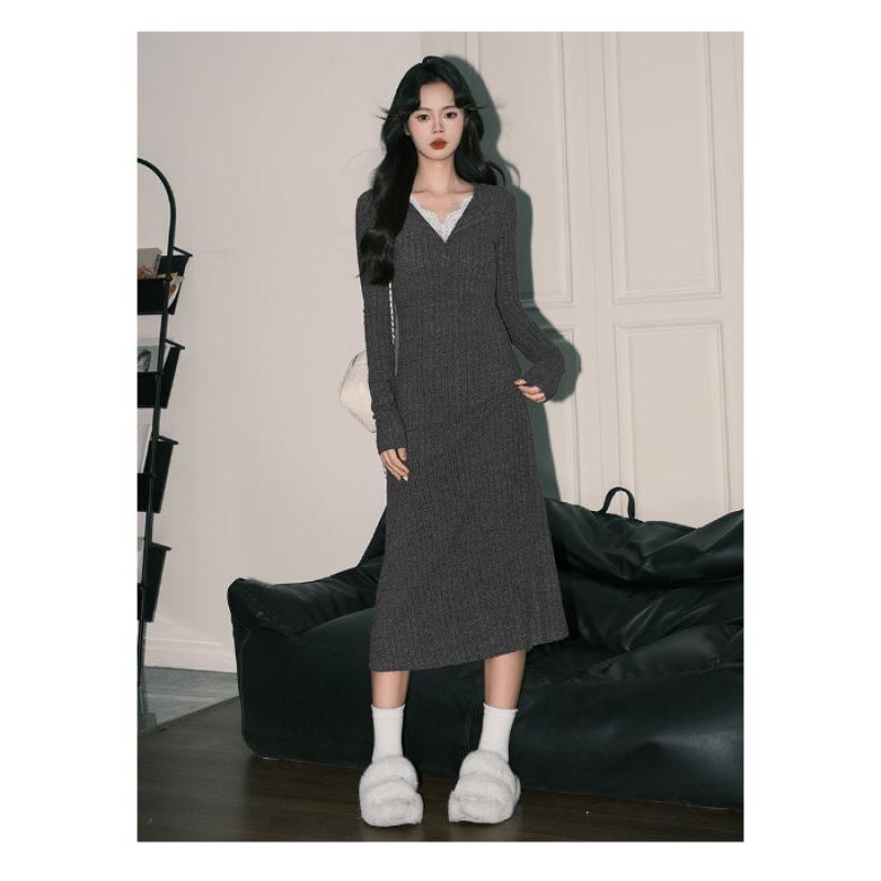 Pure Desire Women s Elegant Grey Lace V-Neck Knit Dress, Faux Two-Piece Long Skirt Layer M