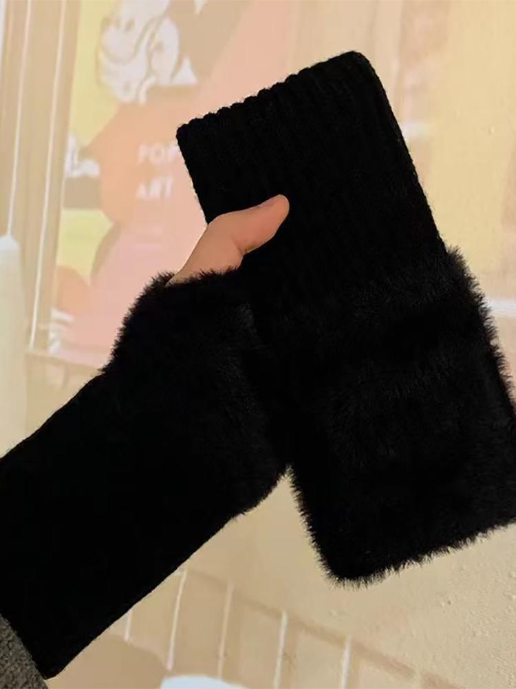 Mink Fleece Soft Winter Warmth Half Finger Gloves For Women'S Solid Color Plush Knitted Fingerless Gloves Wrist Mittens Writting