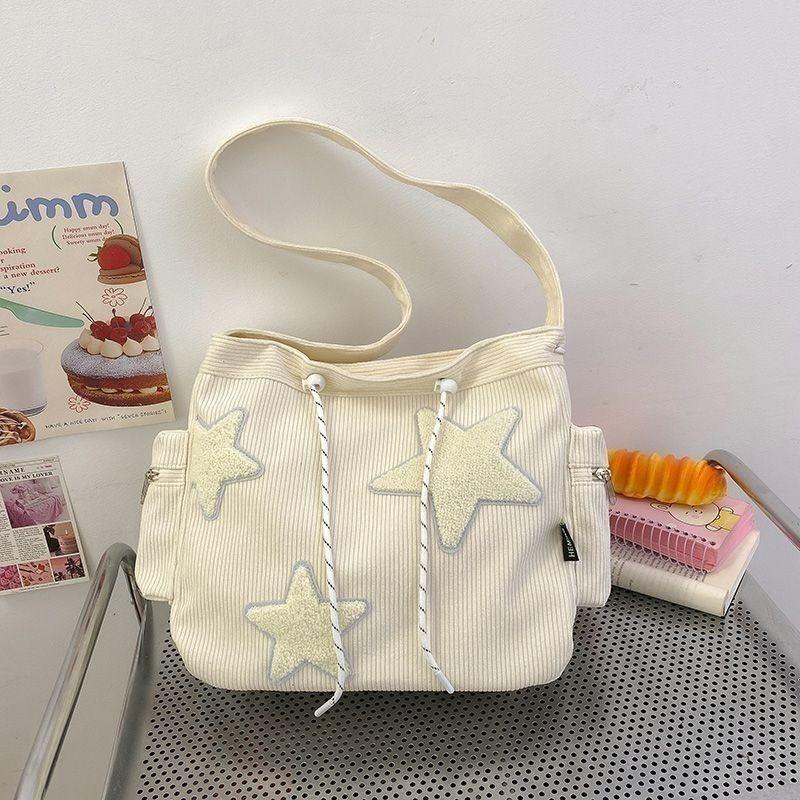 

Large Capacity Commuter Handbag Niche Design Handbag Star Women s Bag Corduroy Crossbody Shoulder Bag for Woman Free Pendant 38x30x12cm белый