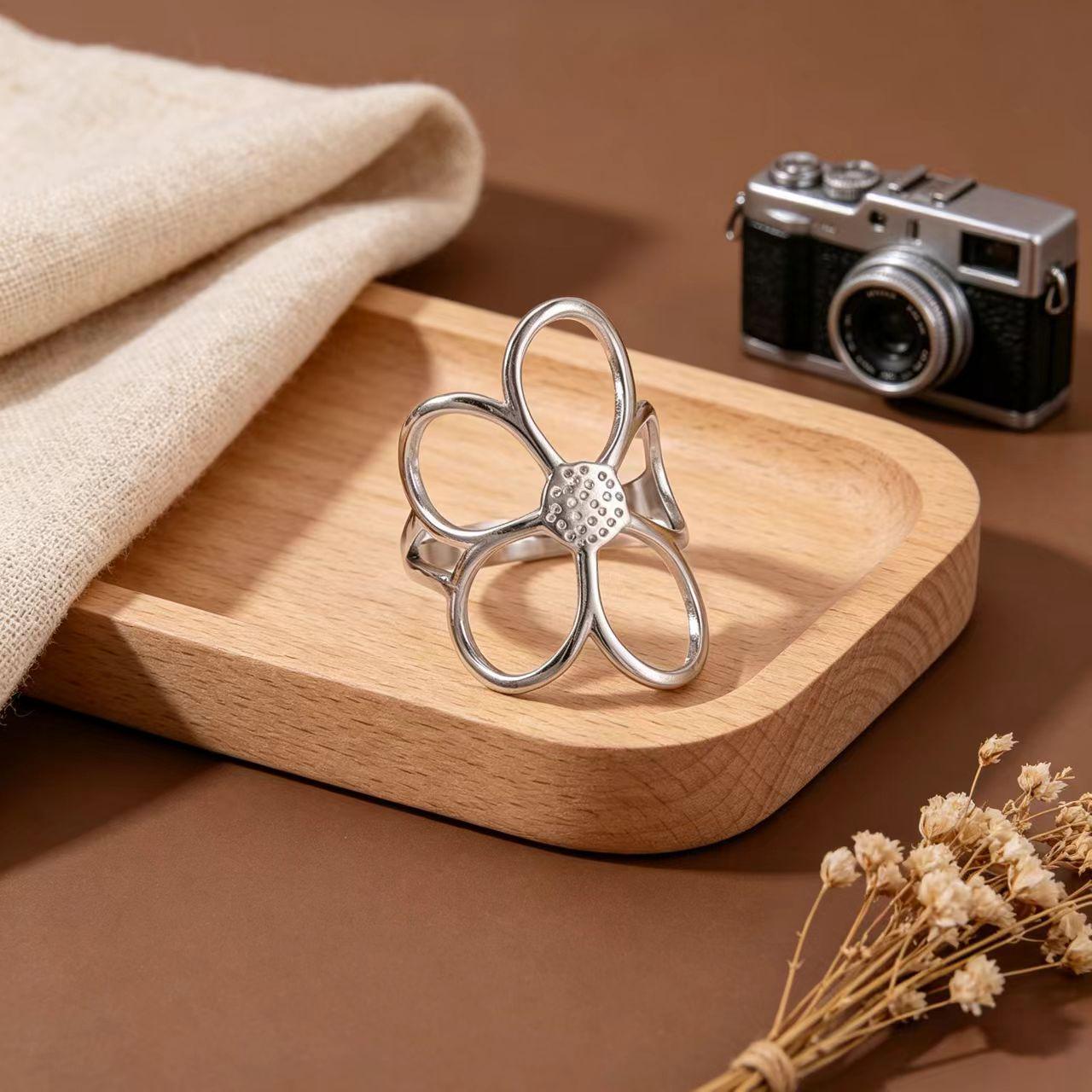 Stainless Steel Gold & Silver Ring Set: Personalized Floral Leaf & Snake Design Adjustable