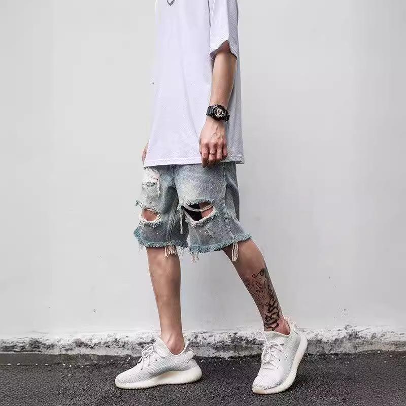 Pantaloni scurți din denim rupti, stil american, la modă, pentru bărbați - croială subțire și lejeră, lungime medie
