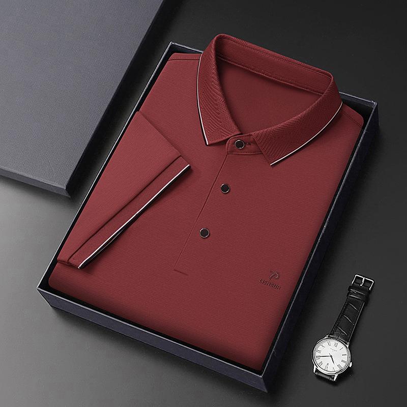 Short Sleeve Polo Men'S Short Sleeve Lapel Solid Color Loose T-Shirt Machine Washable Clothes Ice Silk High-End Clothing