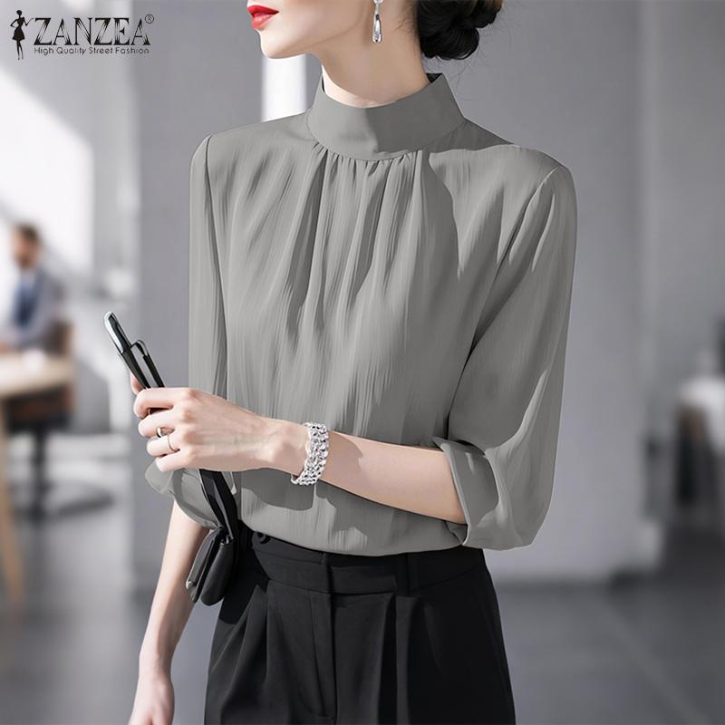 ZANZEA Women Stand Collar Loose Casual Long Sleeve Blouse