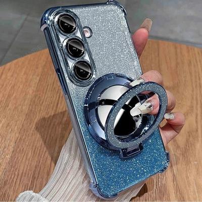 Modische Glitzer Magnetischer Spiegel Halter Handyhülle für Samsung Galaxy S26 Ultra S26 Pro S25 Edge Plus S24 FE S23 S22 S21 S20 Kamera Schutzhülle