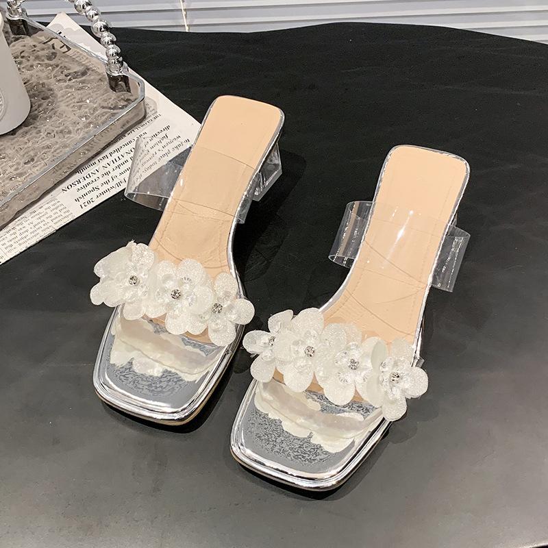 

2025 summer new ins trendy Internet celebrity fashion word with transparent sandals women s high heels crystal thick heel cool slippers 40 серебряный