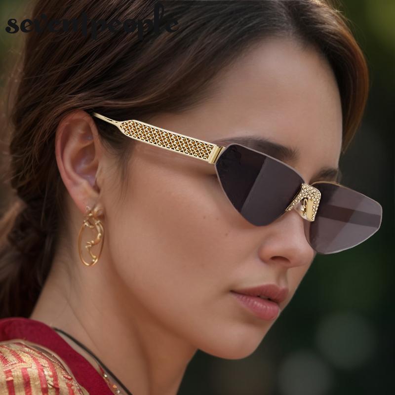 Rimless Rhinestones Punk Sunglasses Women Luxury Brand Design Vintage Metal Small Frame Sun Glasses For Ladies Eyewear