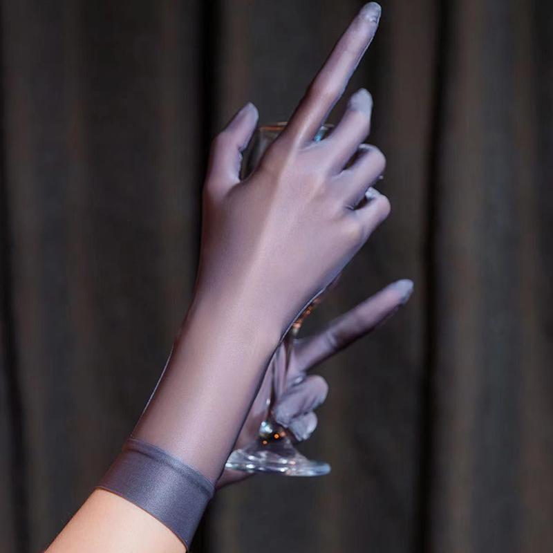 Women Oil Glossy Tight Stocking Gloves Sexy High Elastic Transparent Ultra-Thin Clubwear Short Wrist Gloves