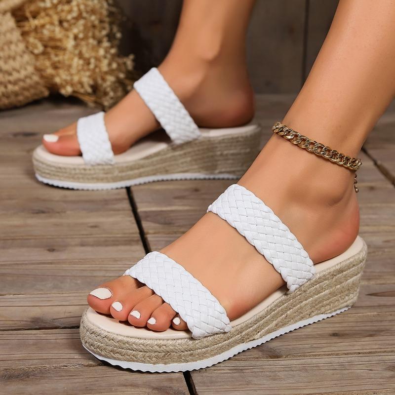 Fashion Woven Wedges Sandals Slippers Women Summer Platform High Heels Slippers Woman Straw Rope Weave Thick Sole Casual Slides Shoes