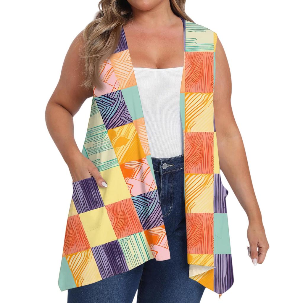 Women's Oversized Loose Casual Printed Sleeveless Vest With Pocket Cardigan Jacket Cardigan Jacket