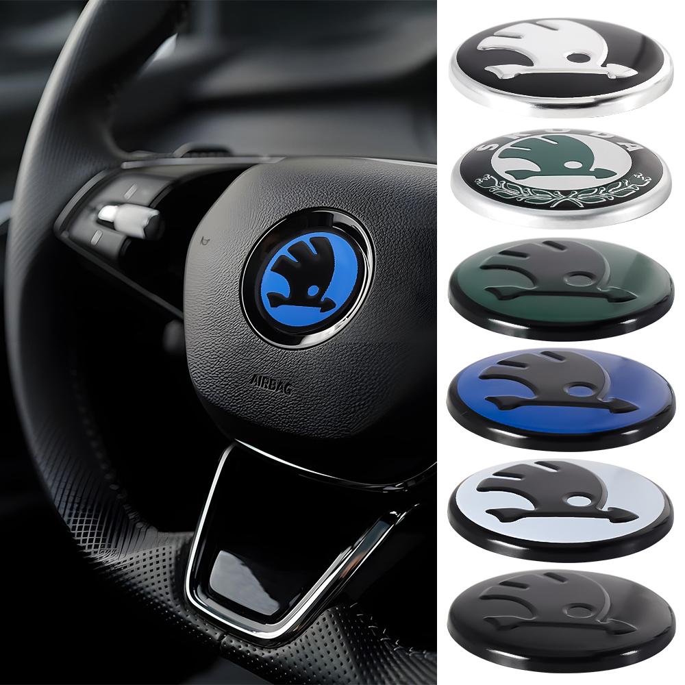JBIW9 43MM 44MM 3D Car Steering Wheel Emblem Cover Aluminum Sticker For Skoda Octavia Rapid Fabia Superb Kamiq Yeti Kodiaq Scala Karop