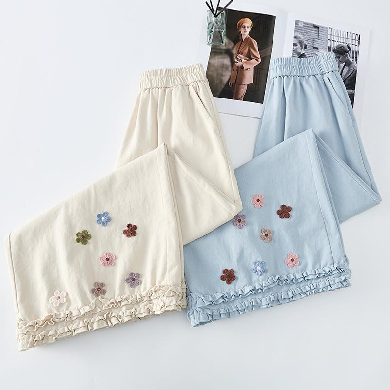 Japanese Mori Girl Spring Summer Women Straight Pants Elastic Waist Apricot Blue Washed Cotton Wide Leg Pants Floral Embroidery Ruffles Trousers