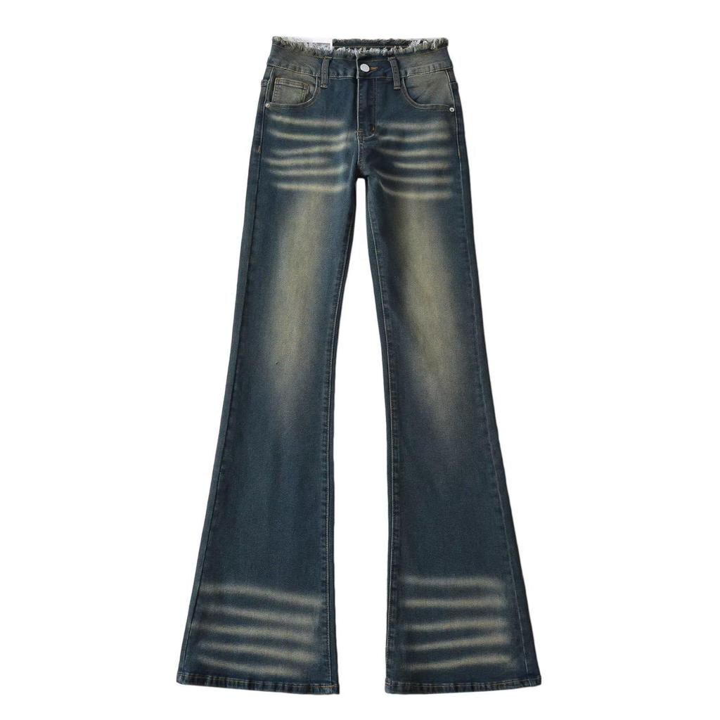 Retro Distressed Micro Flare High Waist Jeans for Women - Fall 2023 Slimming Straight Leg Pants with Raw Hem