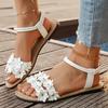 Elegante Blumen-Dekor Flache Sandalen Damen Sommer Zehentrenner Riemen Urlaub Weiße Sandalen Frau 43 Rutschfeste Strandschuhe