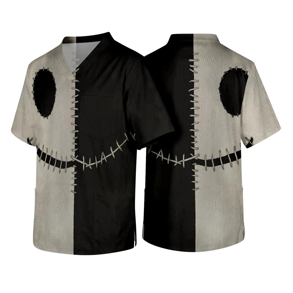 Men's V Neck Halloween Print Pocket Scrub Top Short Sleeve Medical Workwear Uniform Shirt for Healthcare Professionals