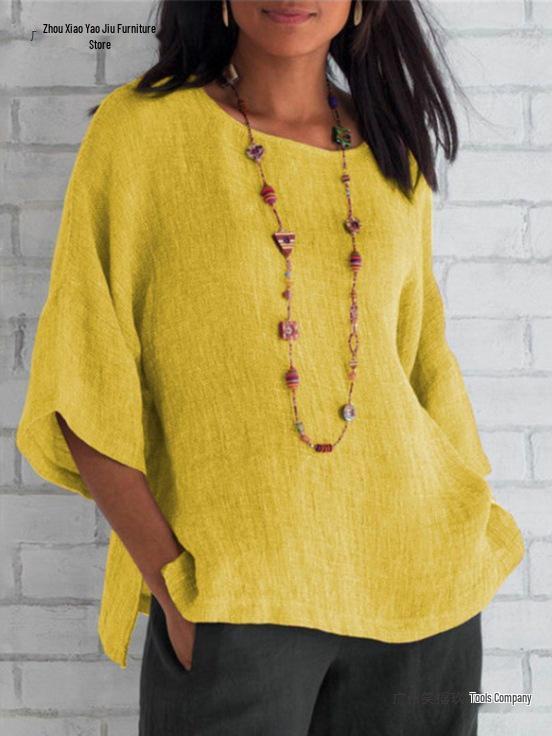 Women's Cotton Linen Three-Quarter Sleeve Shirt - Round Neck Top