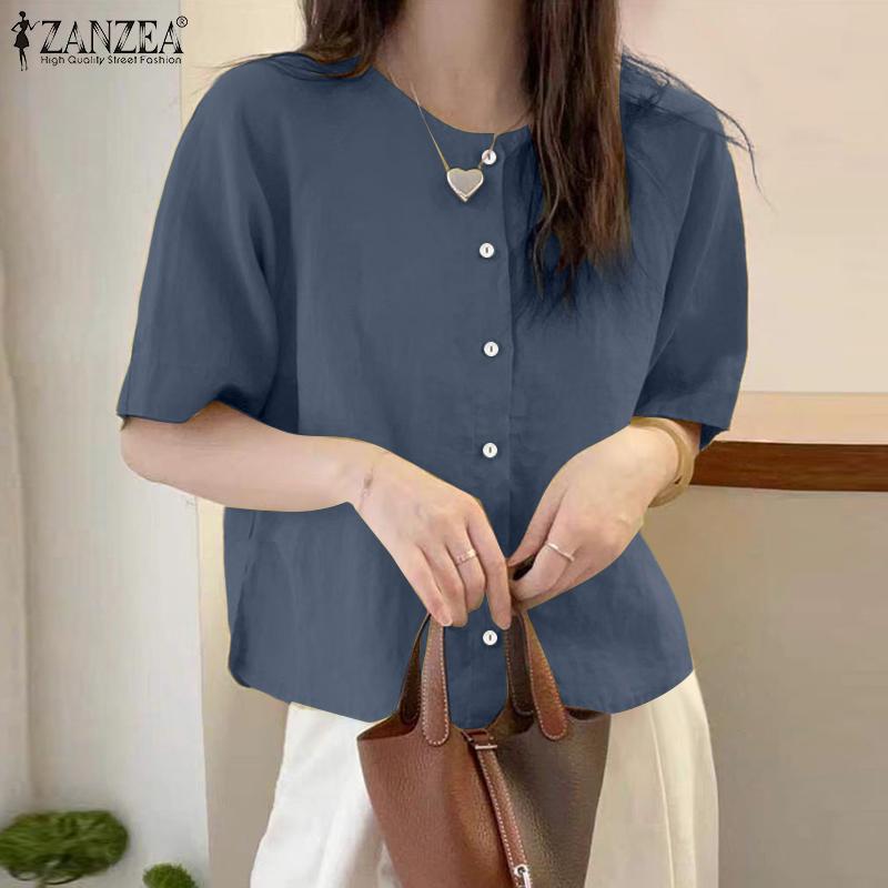 ZANZEA Women Casual Round Neck Solid Color Short Sleeve Cotton T-Shirts