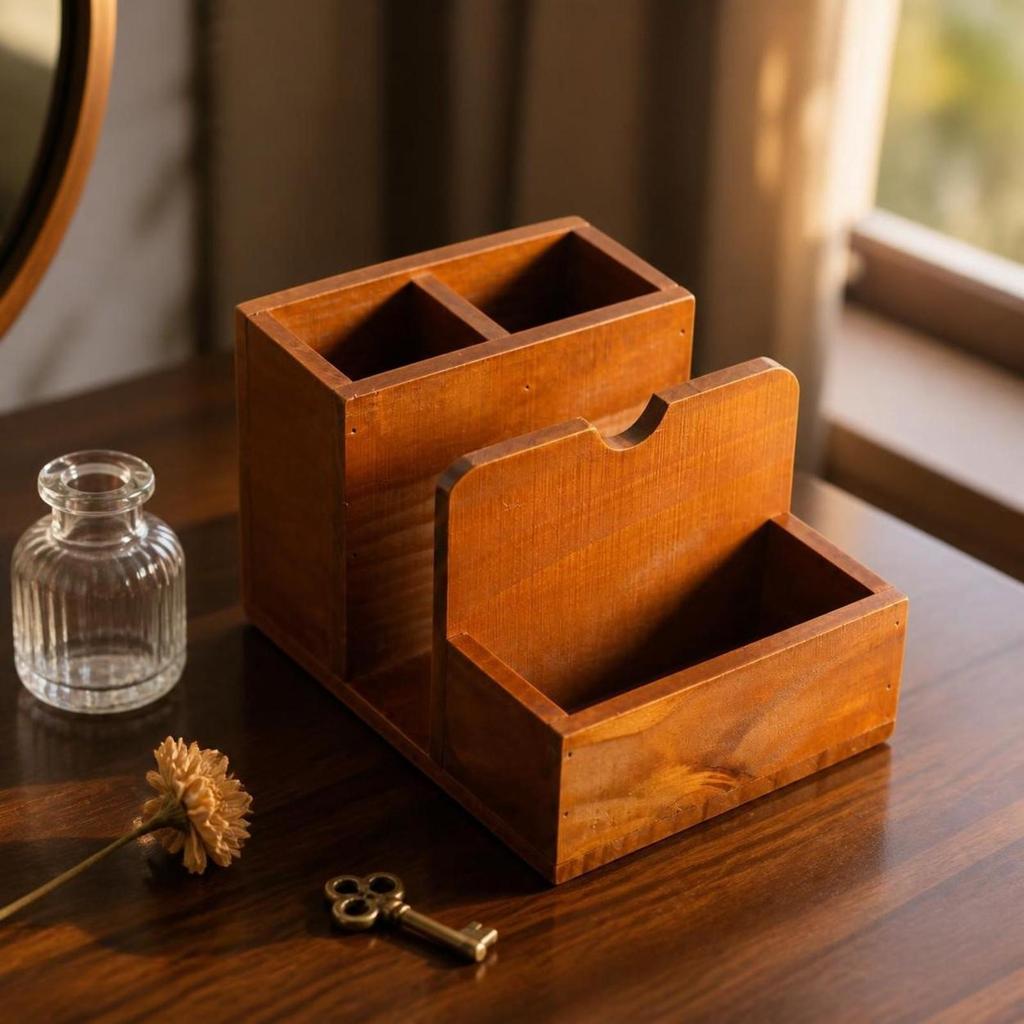 Wooden Desk Organizer with Tray Solid Wood Tabletop