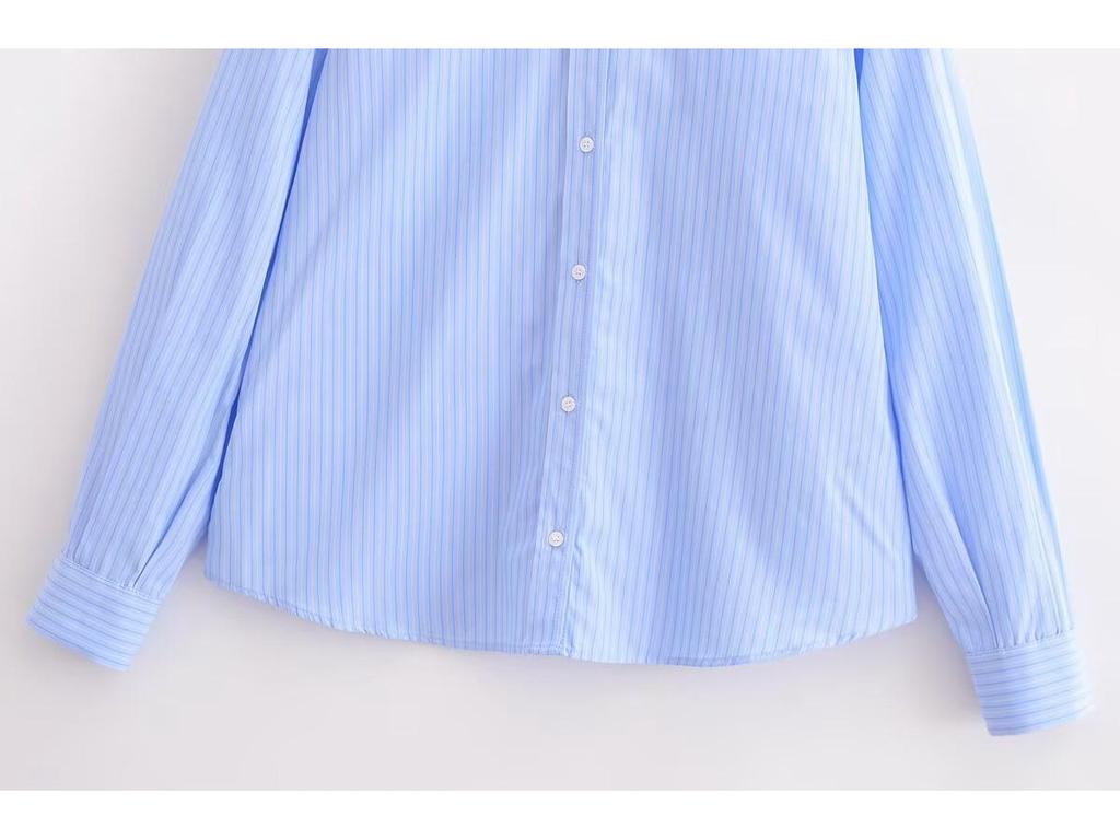 Spring 2025 Women's European-American Striped Poplin Long Sleeve Shirt with Turn-Down Collar
