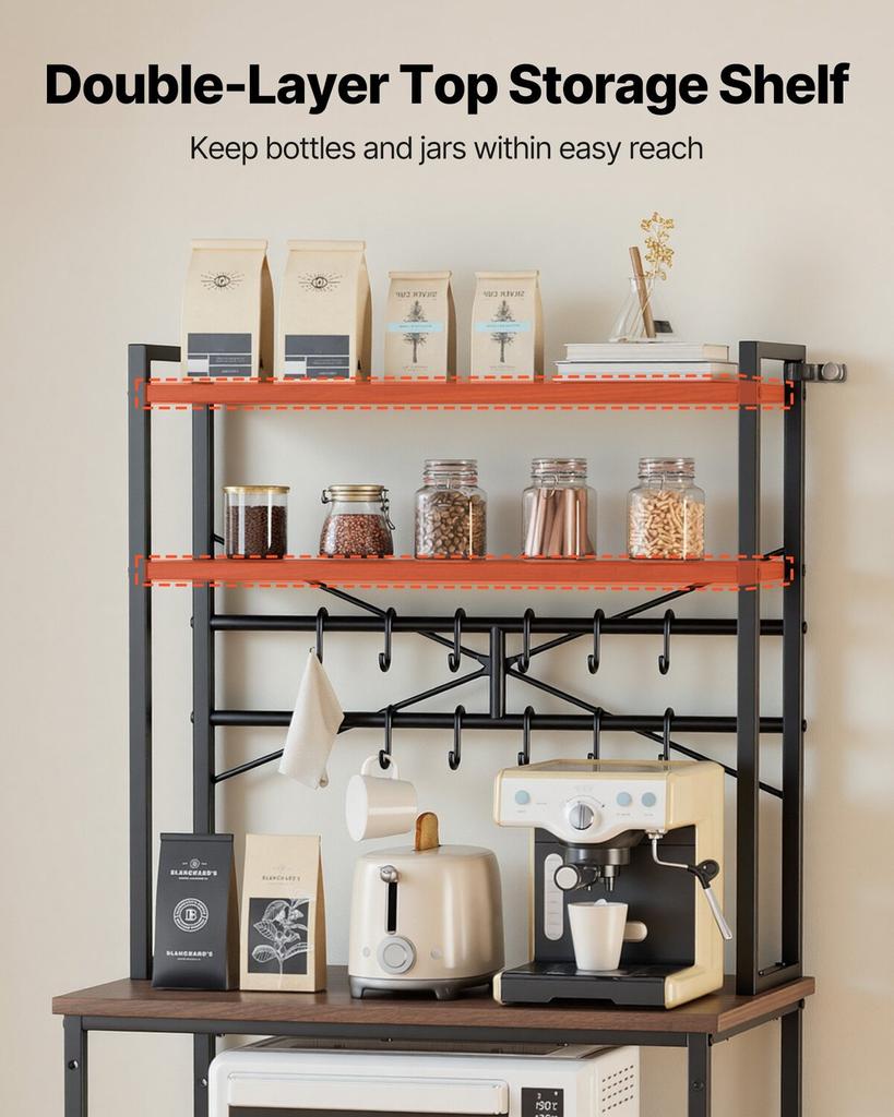 Kitchen Bakers Rack, 800 Mm Width Bakers Rack, Kitchen Stand with X-Shaped Support Bar, 12 S-Shaped Hooks, Double-Layer Top Shelf, Coffee Bar Stand